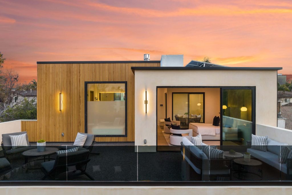 Modern rooftop terrace at sunset