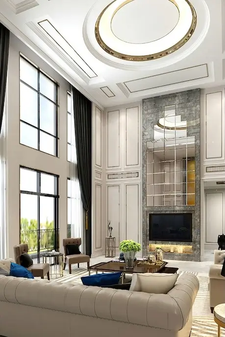 An elegant, and classy living room area with a high ceiling | Image for the Brisbane Luxury Home Builders page.